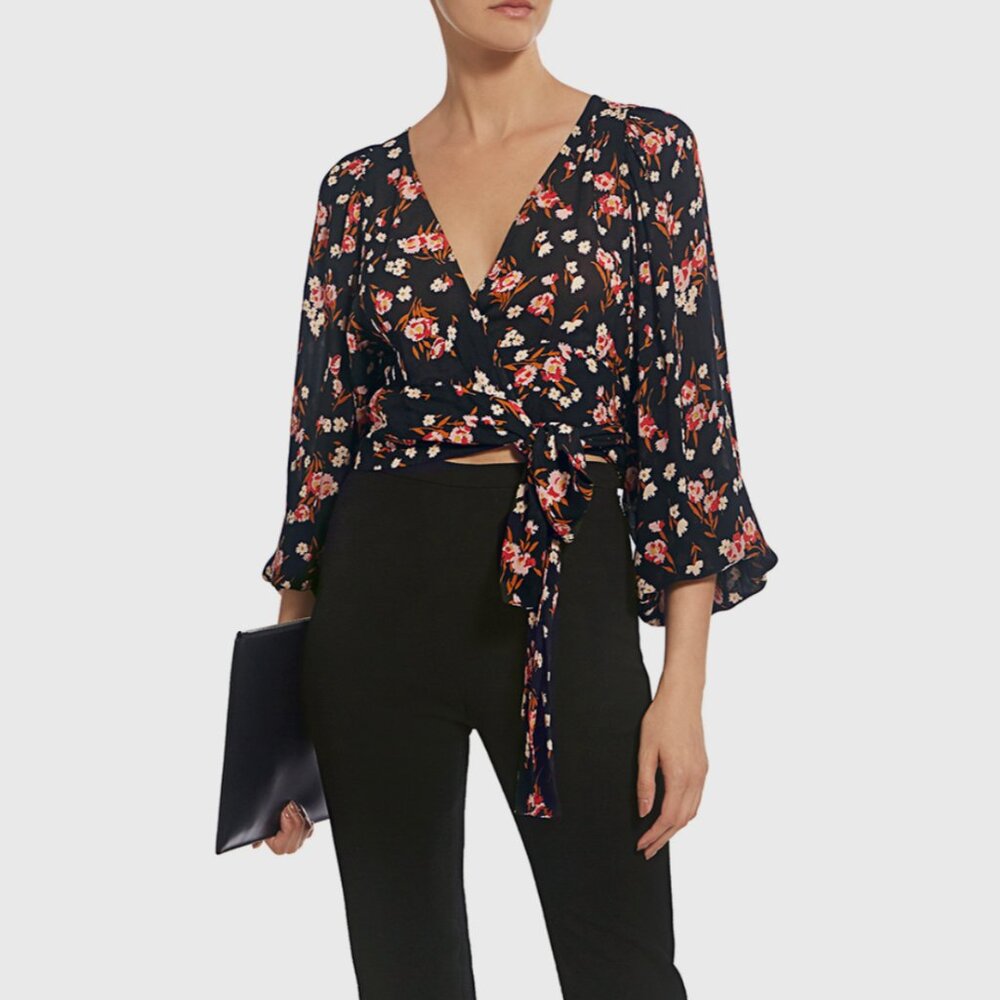 A.L.C. Carla V-neck Dolman Sleeve Floral Cropped Wrap Blouse